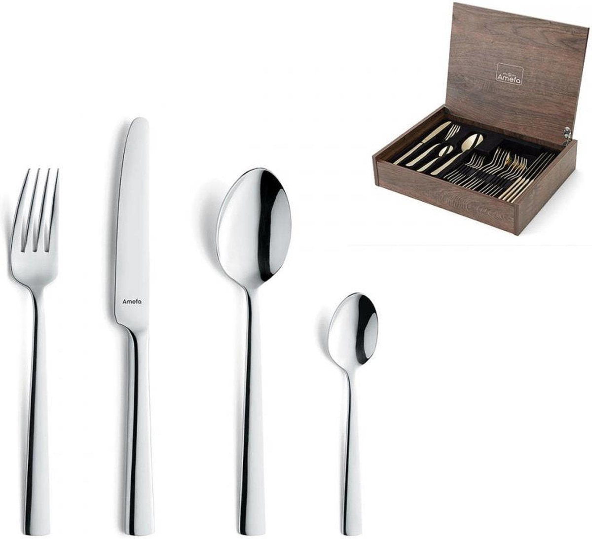 Amefa moderno - set de couverts avec boîte en bois - 24 pièces pour 6 personnes - argent - acier inoxydable - passe au lave-vaisselle