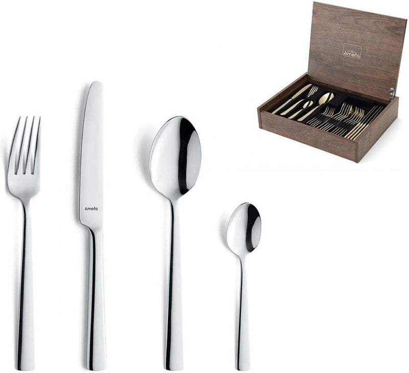 Amefa moderno - set de couverts avec boîte en bois - 24 pièces pour 6 personnes - argent - acier inoxydable - passe au lave-vaisselle