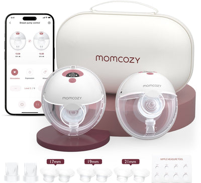 Momcozy m5 smart – tire-lait mains libres – 2 pièces – électrique – silencieux compact – avec inserts de téterelle – blanc rouge
