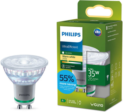 Philips LED Spot LED ultra-efficace Philips - 35W - raccord Gu10 - lumière blanc chaud : 2700k - ne consomme que 1,2 watts - économisez sur les coûts énergétiques