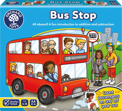 Jouets du verger - arrêt de bus - jeu de mathématiques avec bus - laissez monter et descendre les passagers - sommes d'addition et de soustraction - à partir de 4 ans