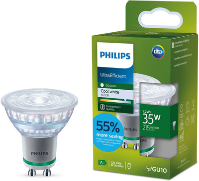 Philips LED Spot LED ultra-efficace Philips - 35W - raccord Gu10 - lumière blanc froid : 4000k - ne consomme que 1,2 watts - économisez sur les coûts énergétiques