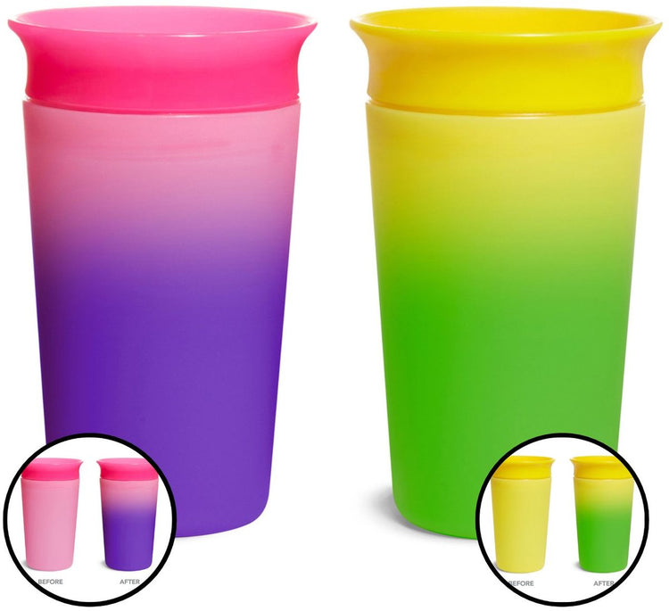 Munchkin miracle anti-fuite 360° gobelet - 2pk gobelet - changement de couleur - sensible à la chaleur - gobelet d'entraînement pour bébé et enfant - 266 ml - 2 pièces - rose jaune