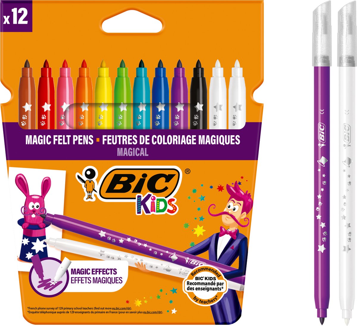 Bic kids magic - feutres à encre effaçable - marqueurs pour enfants - marqueurs de couleur lavables - 12 pièces
