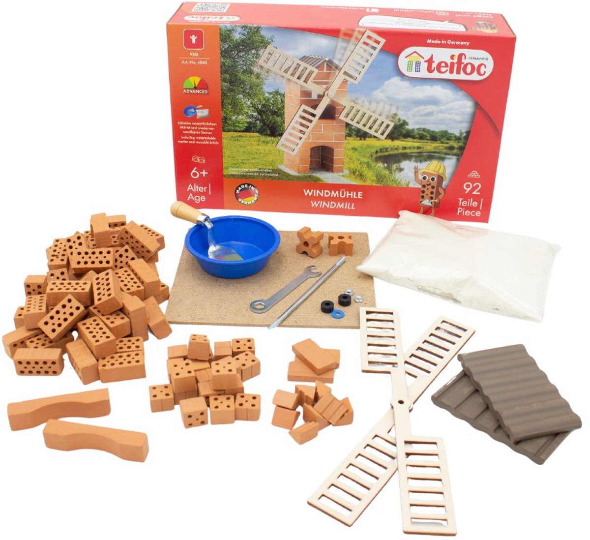 Teifoc ® bouwdoos – windmolen bouwset – 100 onderdelen – echte mini bakstenen met cement, kom en troffel – bouwpakket voor kinderen vanaf 6 jaar