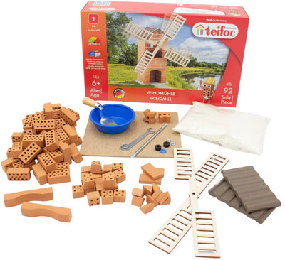 Teifoc ® bouwdoos – windmolen bouwset – 100 onderdelen – echte mini bakstenen met cement, kom en troffel – bouwpakket voor kinderen vanaf 6 jaar