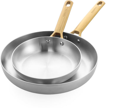 Greenpan Padova set de poêles 2 pièces - 20 28 cm - sans revêtement antiadhésif sans PFAS - set de poêles à induction - set de poêles en acier inoxydable - va au four jusqu'à 220°C - poignées en acier inoxydable - argent