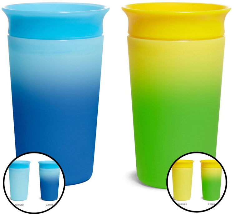 Munchkin miracle anti-fuite 360° gobelet - 2pk gobelet - couleur changée - sensible à la chaleur - gobelet d'entraînement pour bébé et enfant - 266 ml - 2 pièces - bleu jaune