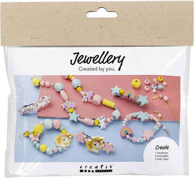 Creativ company mini hobby set bijoux, collier, bracelets, boucles d'oreilles, bleu clair, rouge clair, jaune, 1 boîte