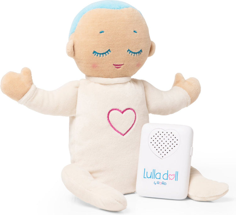 Poupée Lulla - poupée endormie avec respiration naturelle par battement de coeur - peluche battement de coeur - aide au sommeil - fonctionne jusqu'à 12 heures - à partir de 0 mois - lavable en machine - bleu clair