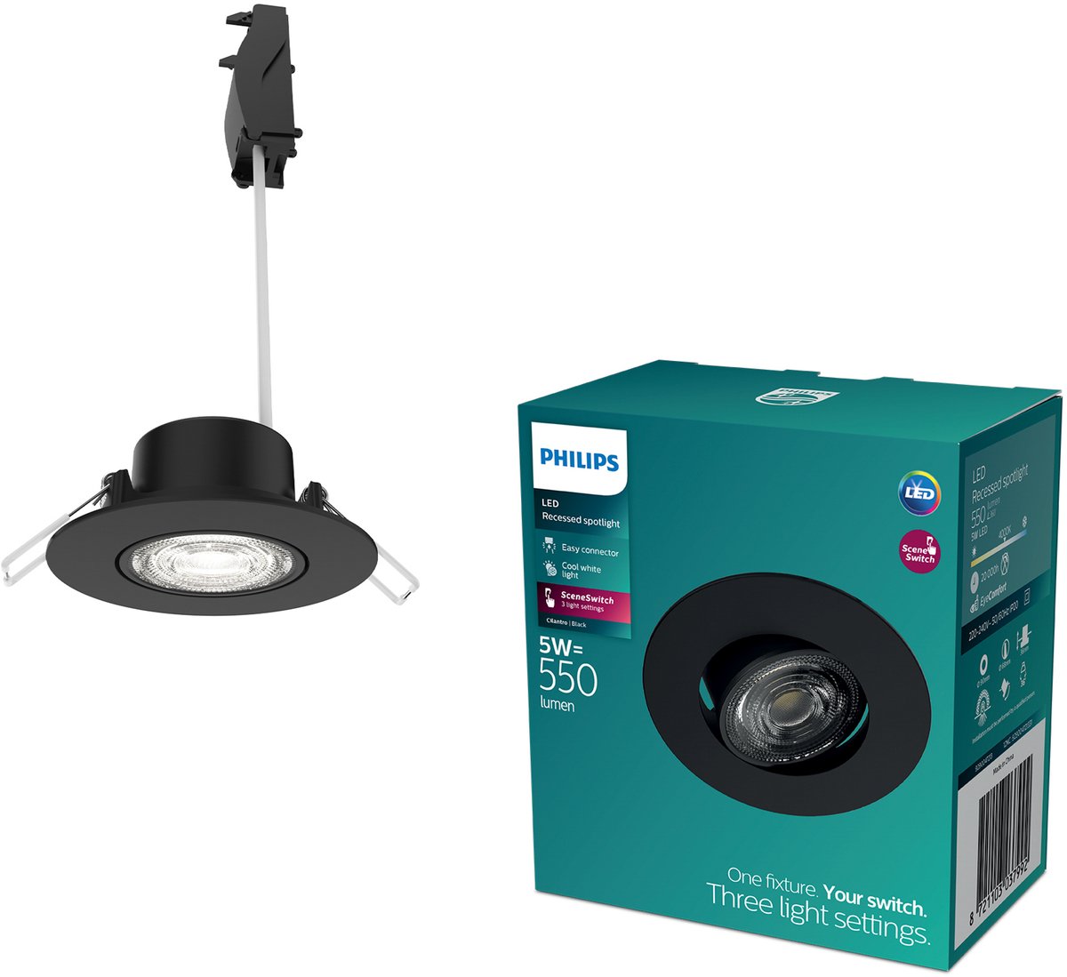 Spot encastrable Philips LED Philips Cilantro - technologie d'éclairage à interrupteur de scène - 5w - lumière blanc froid : 4000k - noir