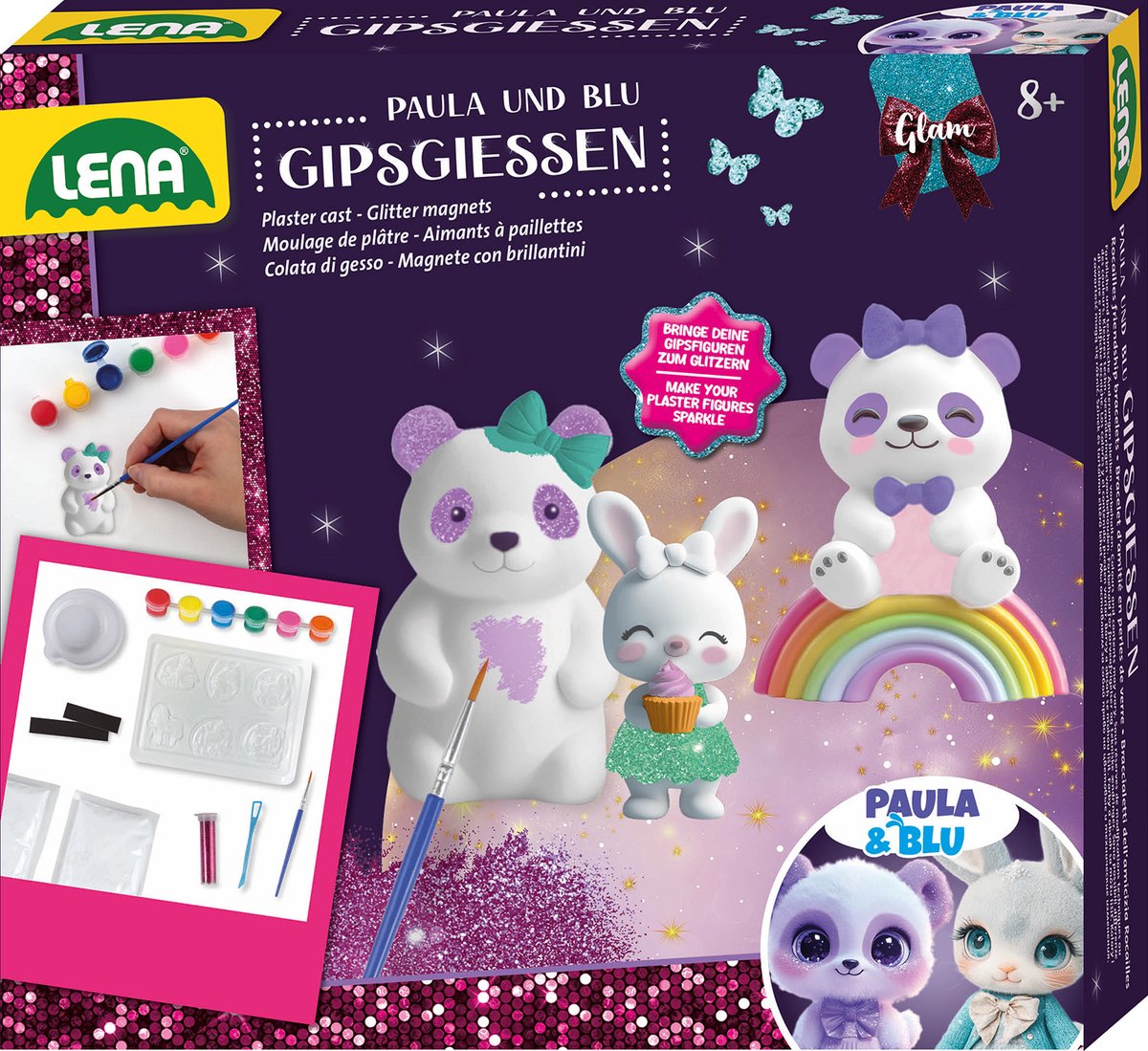 Lena – ensemble de figurines à paillettes en plâtre, pour enfants créatifs.
