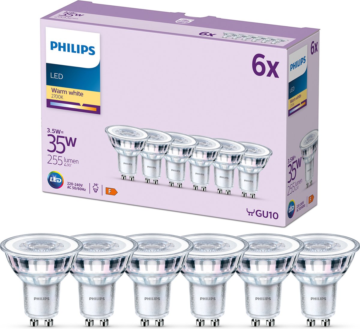 Spot LED Philips - 35 w - gu10 - lumière blanc chaud - 6 pièces
