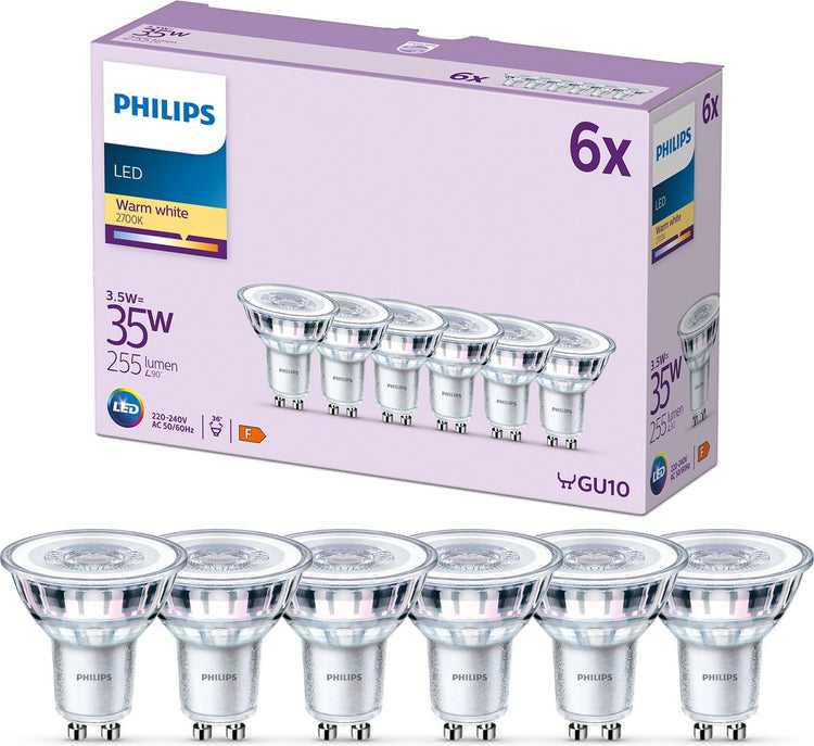 Spot LED Philips - 35 w - gu10 - lumière blanc chaud - 6 pièces