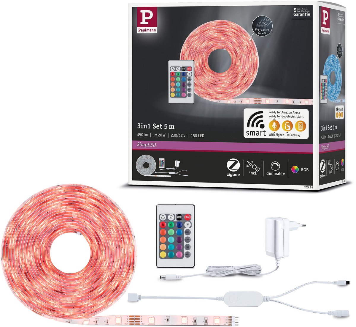 Paulmann bande LED simple 5 mètres maison intelligente zigbee 3.0 rgb - kit plug play - 20w - 90 lm m - 30 LED m - enduit - pour l'intérieur