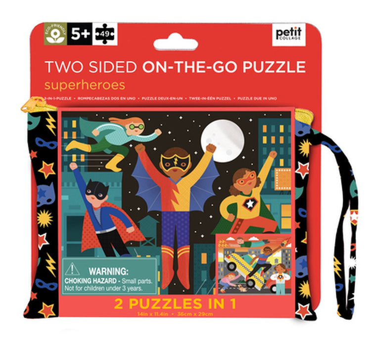Petit collage puzzle super héros - carton recto verso - jeu de voyage.