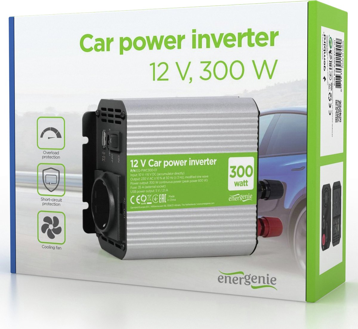 Onduleur voiture Energienie 12v > 220v - 300w - prise + 1 USB - eg-pwc300-01