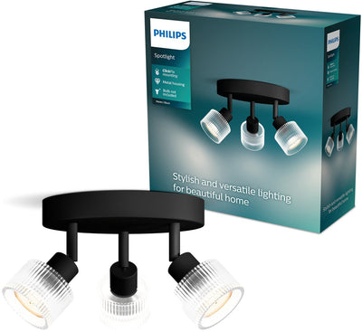 Spot en saillie Philips Hear - culot LED Gu10 - orientable - 3 points lumineux - plaque de base ronde - clickfix - noir avec verre nervuré