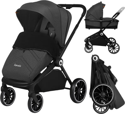 Poussette Lionelo Mika 2en1 - nacelle de poussette - siège réversible - pliable compacte avec siège - auvent imperméable XXL UPF50+ - repose-pieds dossier réglable - roues en PU avec suspension - y compris accessoires jusqu'à 22 kg