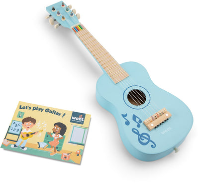 Woet ® guitare jouet en bois avec sangle de transport - bleu avec notes de musique - instrument jouet - ma première guitare avec livret de musique - jouer de la guitare pour les enfants - à partir de 3 ans