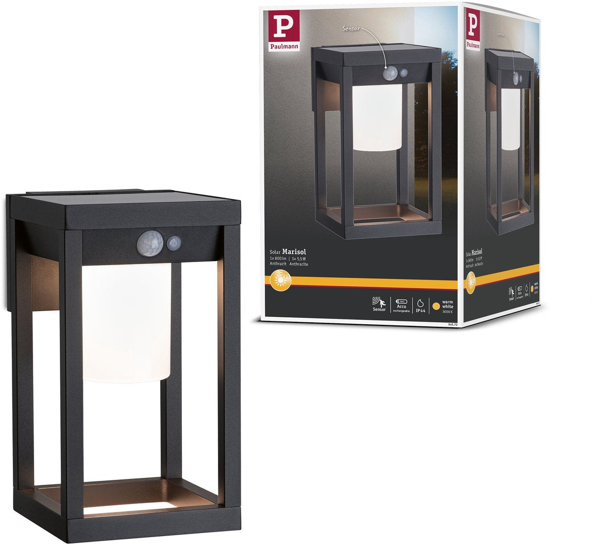 Paulmann applique murale LED solaire pour extérieur détecteur de mouvement Marisol IP44 3000K 350lm noir