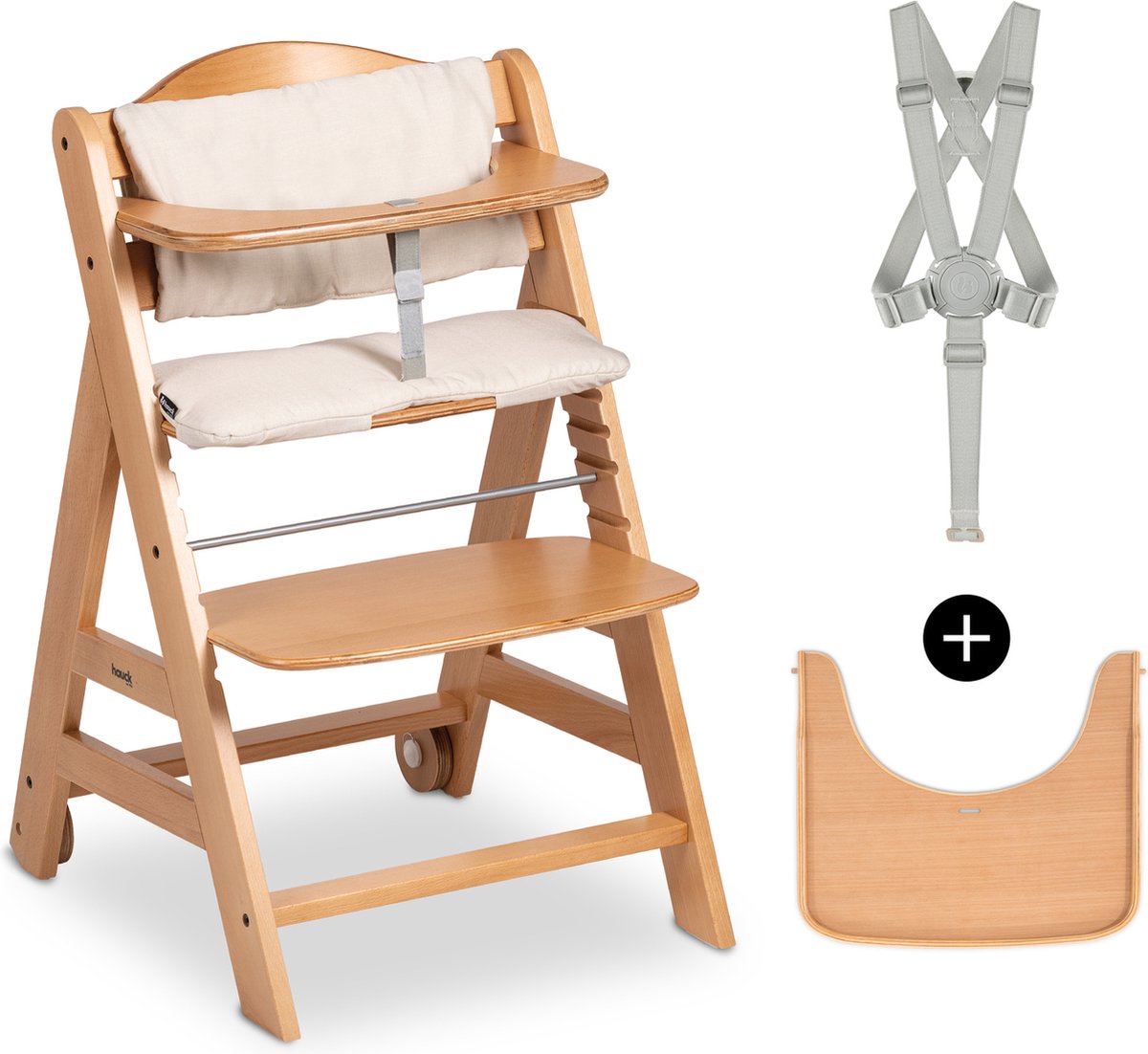 Ensemble de chaise haute Hauck beta+ - certifié FSC® - bois - avec roulettes et table en bois - naturel