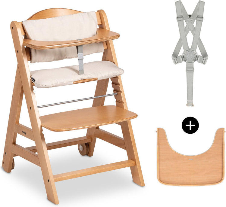 Ensemble de chaise haute Hauck beta+ - certifié FSC® - bois - avec roulettes et table en bois - naturel