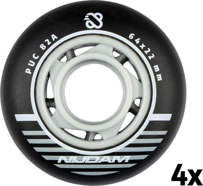 Jeu de roues pour patins à roues alignées Nijdam - 64x24 mm - 4 pcs - noir - noir argent blanc