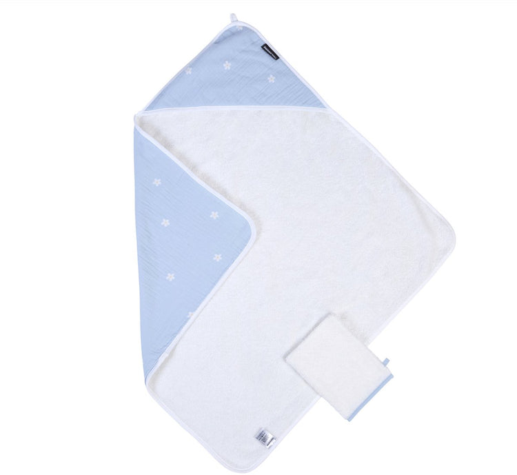 Cape de bain + gant de toilette Childhome – collection fleurs – 80x80 cm – blanc bleu – absorbant extra doux – 100% coton