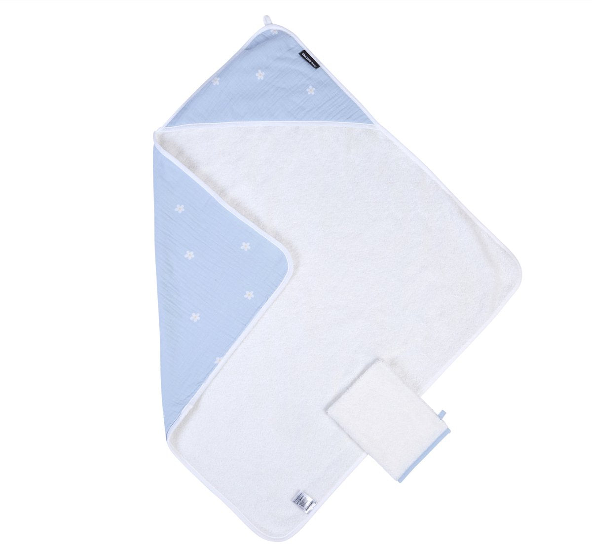 Cape de bain + gant de toilette Childhome – collection fleurs – 80x80 cm – blanc bleu – absorbant extra doux – 100% coton