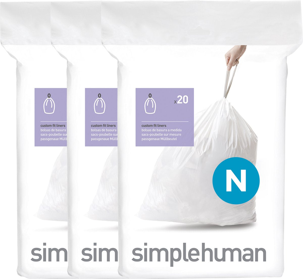 Sacs poubelle Simplehuman code n - 45 litres - 60 pièces - avec cordon de serrage - blanc