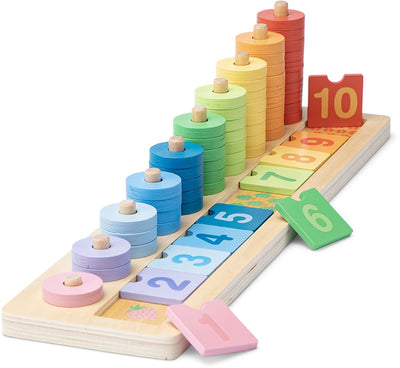 Woet ® jeu de comptage et d'empilage en bois pour enfant - apprendre à compter et trier - jeu éducatif de mathématiques 1 à 10 avec couleurs, chiffres et anneaux - jouets Montessori - à partir de 3 ans