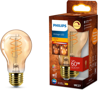 Philips LED philips vintage LED - lampe dimmable - 60w - lumière blanc très chaud : 2200k - culot E27 - verre ambré - forme de lampe standard