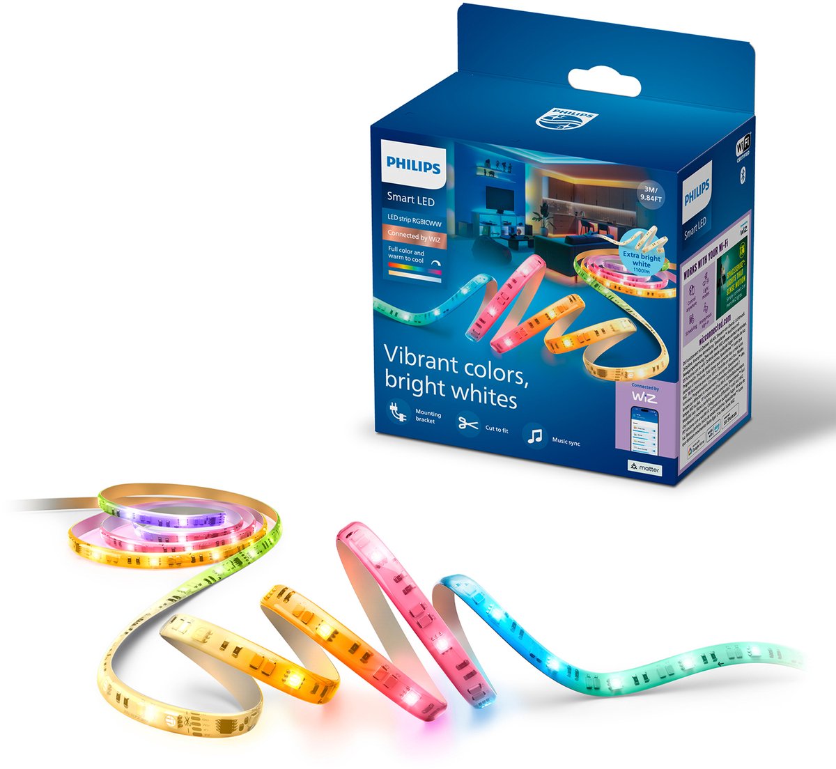 Philips Lighting philips smart Lighting - bande LED - longueur : 3 m - rgbicww - lumière blanche colorée et réglable - synchronisation de la musique - fonctionne avec l'application wiz - wifi