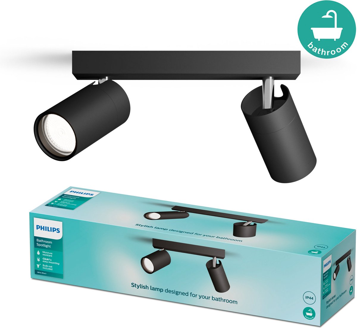 Philips LED Spot Philips Idris - résistant aux éclaboussures IP44 - 5W - noir - lampe de salle de bain - deux points lumineux - convient uniquement aux spots LED