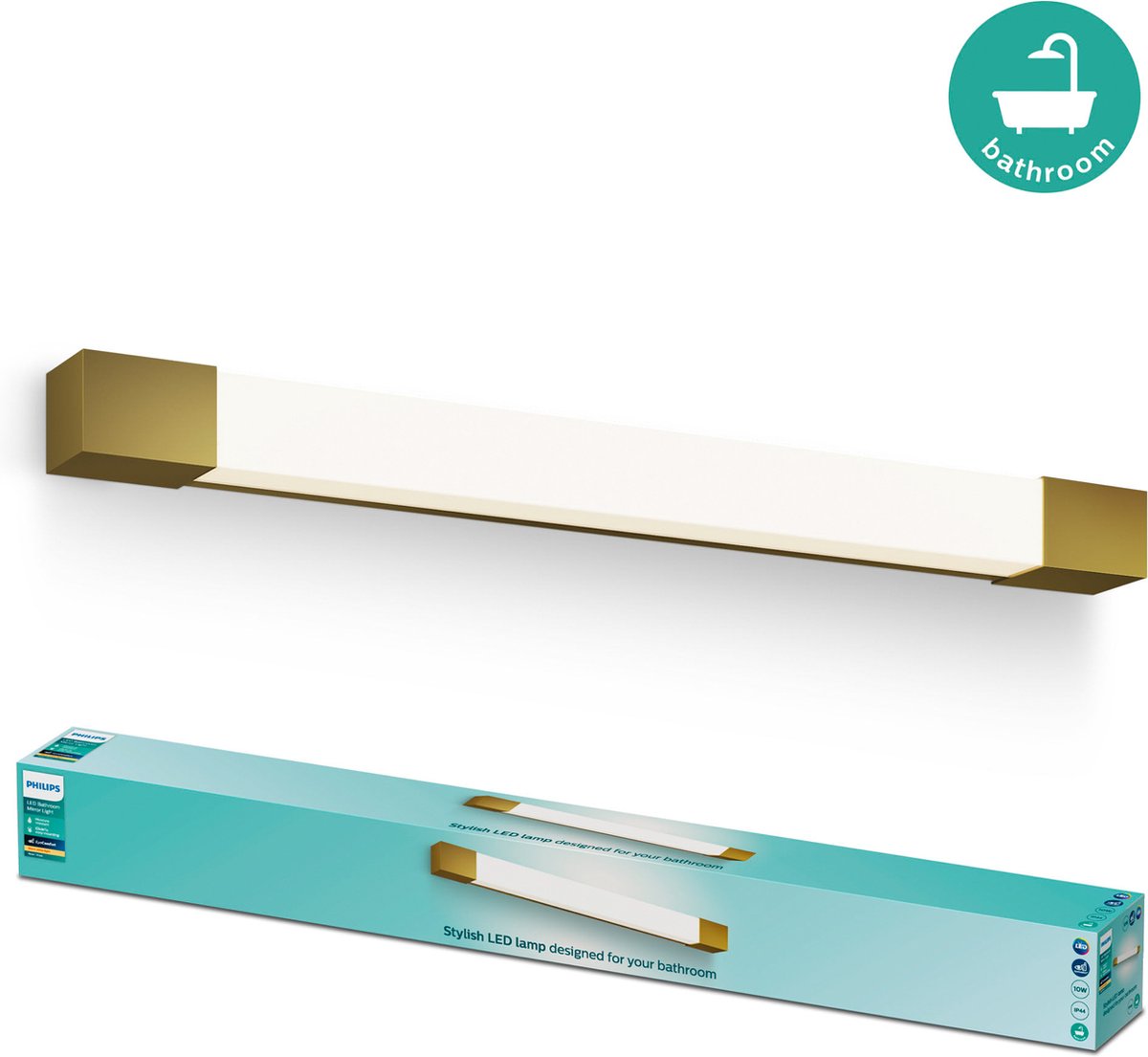 Philips LED Éclairage de miroir Philips Rover - protégé contre les éclaboussures IP44 - 10W - lumière blanc chaud - lampe de salle de bain - rectangulaire - couleur laiton