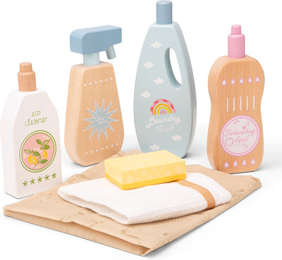 Woet ® set de produits de nettoyage pour jouets en bois - set de nettoyage 7 pièces avec flacons de lingettes - FSC - jeu de rôle éducatif - à partir de 3 ans