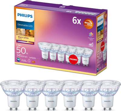 Spot LED Philips économe en énergie - 50 W - GU10 - Lumière blanc chaud à intensité variable - 6 pièces - Économisez sur les coûts énergétiques