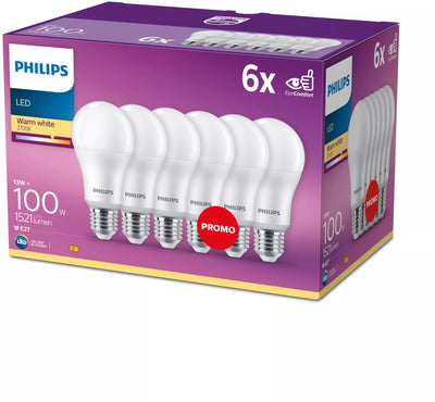 Lampe à économie d'énergie LED Philips mate - 100 W - E27 - lumière blanc chaud - 6 pièces - économisez sur les coûts énergétiques