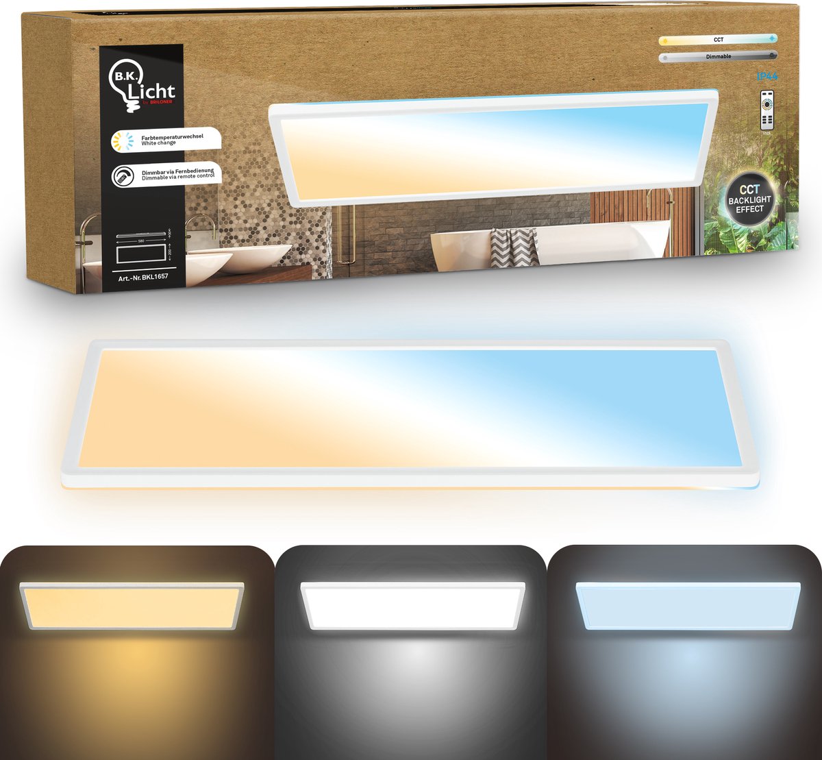 B.K.licht - plafonnier de salle de bain à intensité variable - plafonnier avec télécommande - éclairage de salle de bain avec CCT - ip44 - 58 x 20 cm - blanc