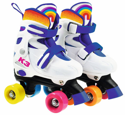 K3 - patins à roulettes - taille 34 37 - réglable en 4 tailles - avec butée - blanc - arc-en-ciel - avec roues en 4 couleurs - 3 variantes