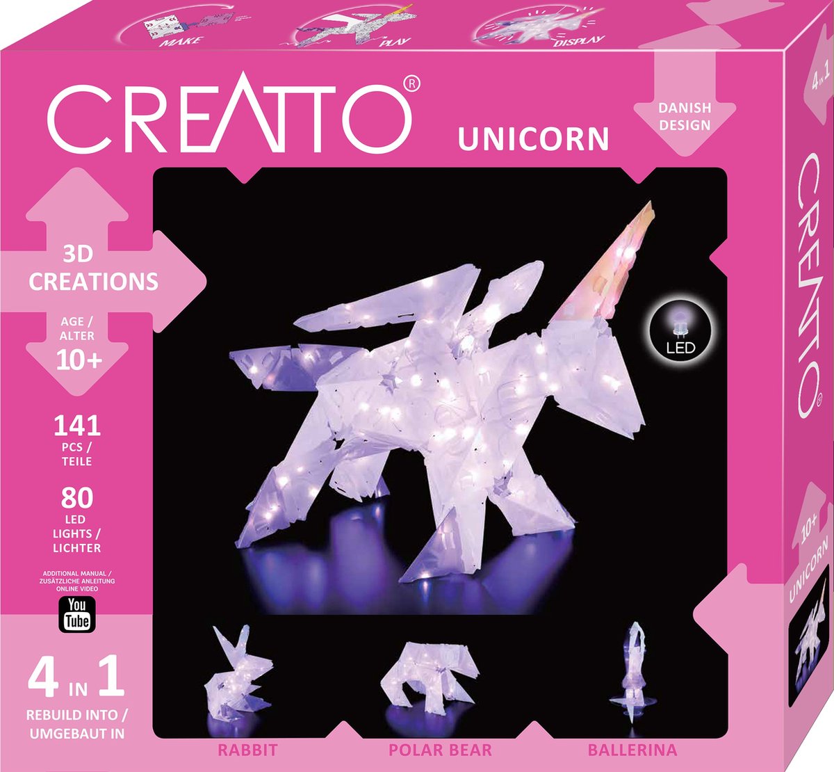 Kosmos creatto licorne – pack hobby – construire 4 figurines 3D lumineuses avec LED – licorne