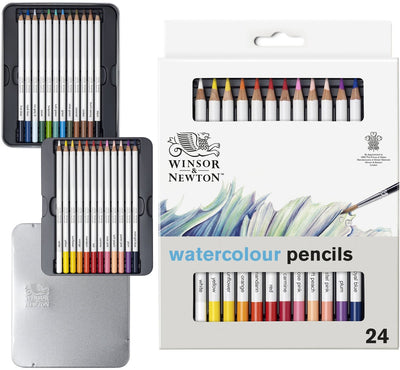 Winsor Newton 0490015 Studio Collection Crayons aquarelle Set 24 pièces – Crayons aquarelle Dikcores dans un étui en métal