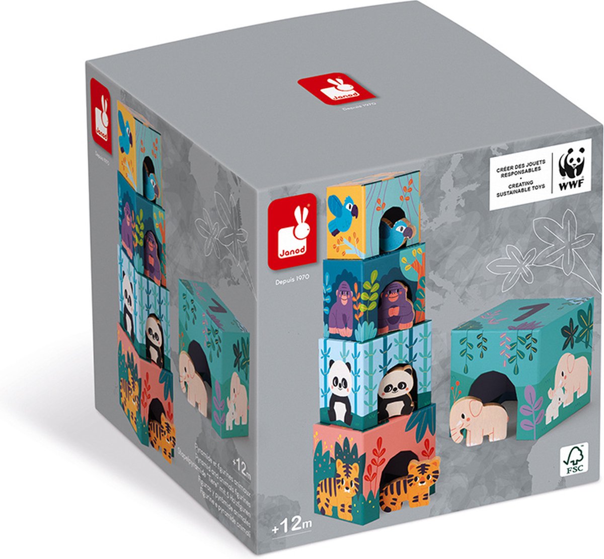 Janod - wwf - tour empilable avec figures d'animaux en bois
