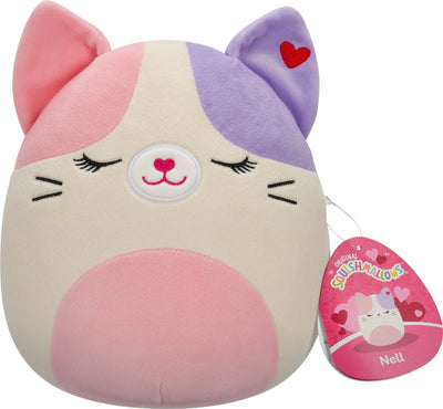 Squishmallows squishmallow valentijnsdag - peluche 19cm - chat calico rose et violet avec ventre rose, yeux fermés et coeur
