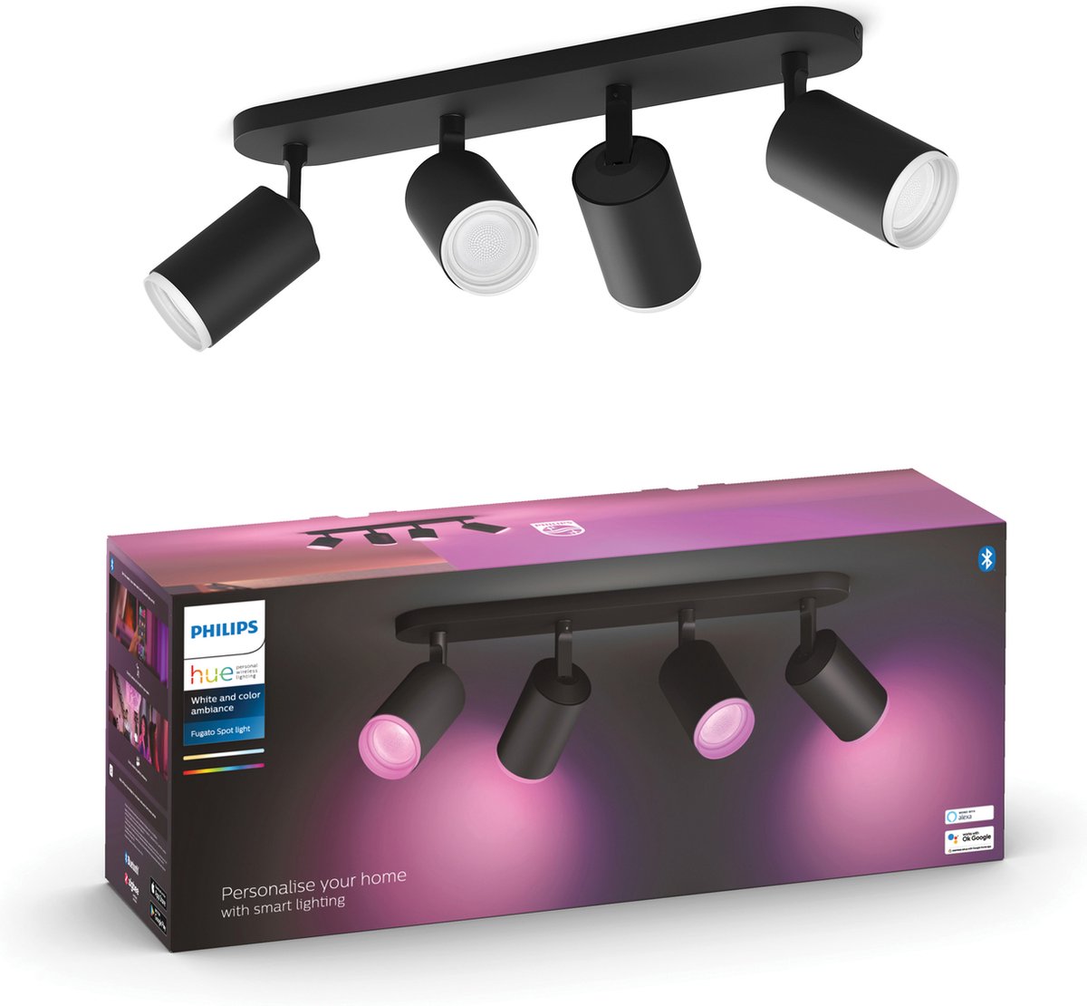 Spot en saillie Philips hue fugato - lumière blanche et colorée - 4 spots - noir
