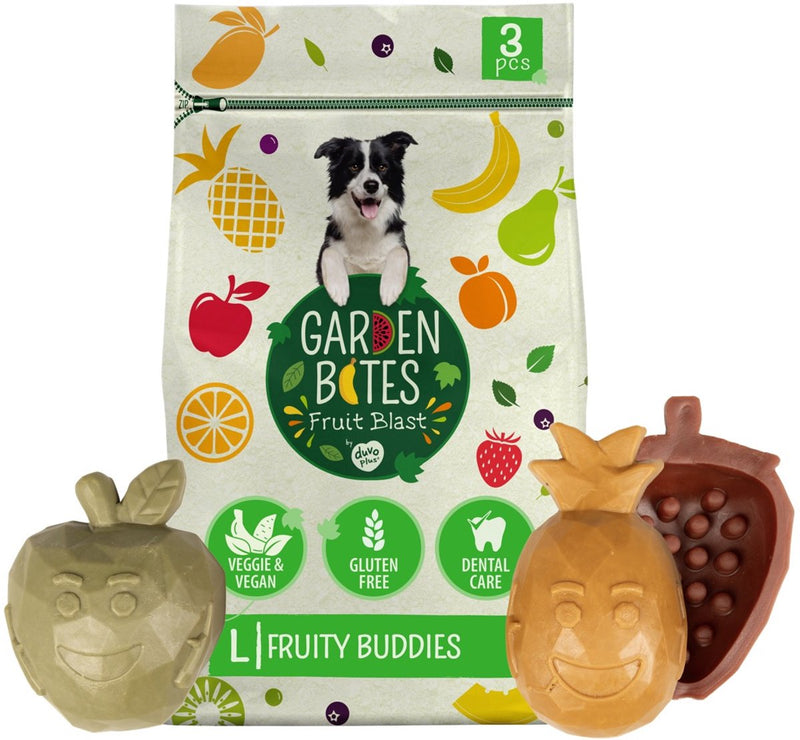 Duvo plus garden bites - fruity buddies dog snacks - friandises pour chiens - végétarien sans gluten - grand 3pcs
