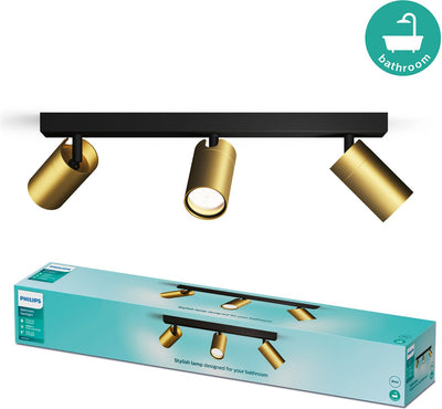 Philips LED Philips Idris spot - spot de plafond - résistant aux éclaboussures IP44 - 5W - noir avec or - lampe de salle de bain - trois points lumineux - convient uniquement aux spots LED