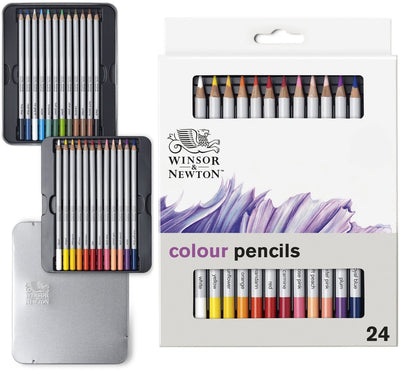 Winsor Newton 0490013 Studio Collection Ensemble de crayons de couleur 24 pièces - Crayons de dessin à base de cire Dikcores dans une boîte en métal