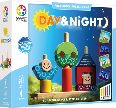 Smartgames jour nuit - jeu de puzzle en bois à empiler - 48 devoirs pédagogiques - jeu solo pour les tout-petits - à partir de 1 an et demi